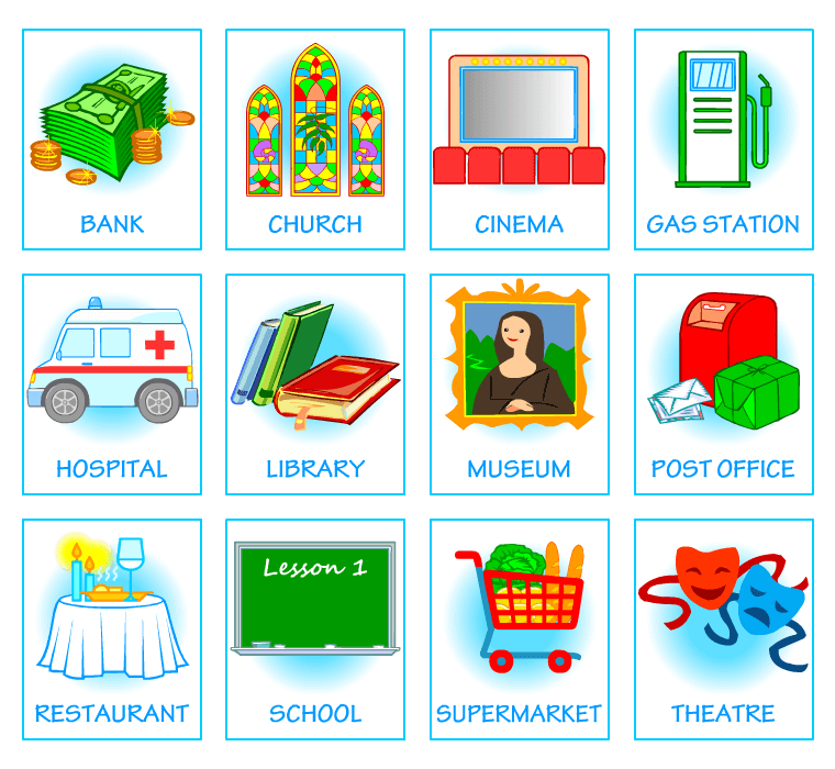 Picture dictionaries for kids learning English. Town