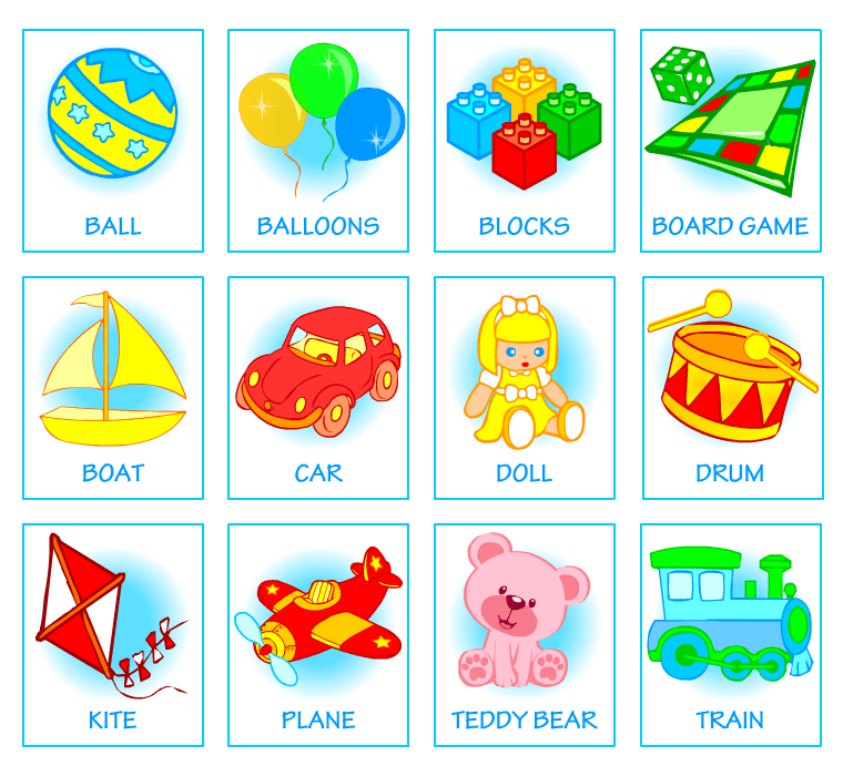 Picture dictionaries for kids learning English. Toys