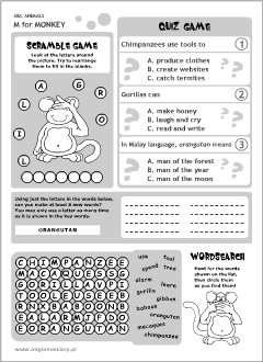 English printable resources: Monkey worksheets