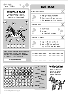 English printable resources: Zebra worksheets