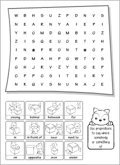 Prepositions wordsearch for ESL kids